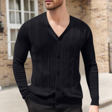 Ανδρικό Μονόχρωμο Πλεκτό Ζακέτα με V-Neck, Σχέδιο Ζακάρ, Μακρυμάνικο Πουλόβερ,