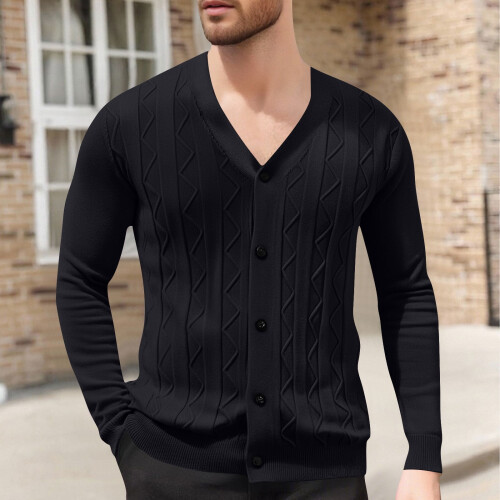Ανδρικό Μονόχρωμο Πλεκτό Ζακέτα με V-Neck, Σχέδιο Ζακάρ, Μακρυμάνικο Πουλόβερ,
