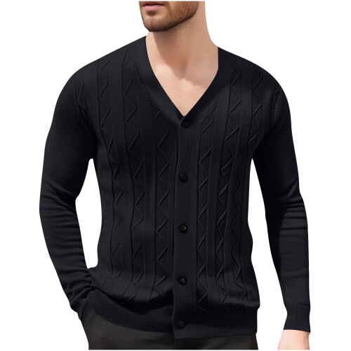 Ανδρικό Μονόχρωμο Πλεκτό Ζακέτα με V-Neck, Σχέδιο Ζακάρ, Μακρυμάνικο Πουλόβερ, 1