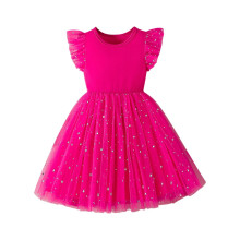 Rochie de vară pentru fete, cu guler rotund, mâneci fluturate, din tul, cu imprimeu de stele, tiv cu bule, casual, tip prințesă
