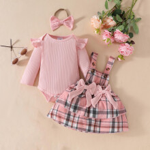Conjunto para Bebê Menina com Blusa com Babados e Saia Xadrez com Laço, Mangas Longas Caneladas e Faixa de Cabelo – Roupa Outono/Inverno