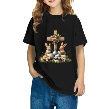 2025 Easter Children Clothing Easter Round Neck Short Sleeved Cotton Top for Boys Girls Middle-aged and Older Children