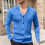 Ανδρικό Μονόχρωμο Πλεκτό Ζακέτα με V-Neck, Σχέδιο Ζακάρ, Μακρυμάνικο Πουλόβερ, 1