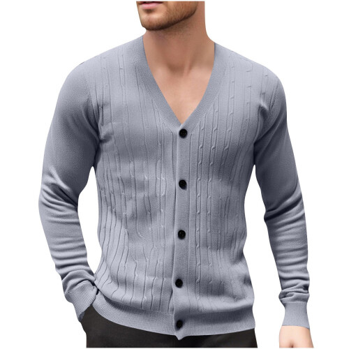 Ανδρικό Μονόχρωμο Πλεκτό Ζακέτα με V-Neck, Σχέδιο Ζακάρ, Μακρυμάνικο Πουλόβερ, 1