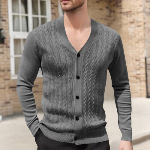 Ανδρικό Μονόχρωμο Πλεκτό Ζακέτα με V-Neck, Σχέδιο Ζακάρ, Μακρυμάνικο Πουλόβερ,
