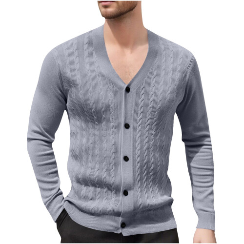 Ανδρικό Μονόχρωμο Πλεκτό Ζακέτα με V-Neck, Σχέδιο Ζακάρ, Μακρυμάνικο Πουλόβερ, 1
