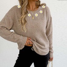 Women's Solid Floral Sweater Round Neck Long Sleeve Knit Top