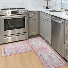 Pink Boho Kitchen Mats Set of 2 (17x30" & 17x47"), Floral Vintage Farmhouse Rugs – Compatible with Bohemian Decor