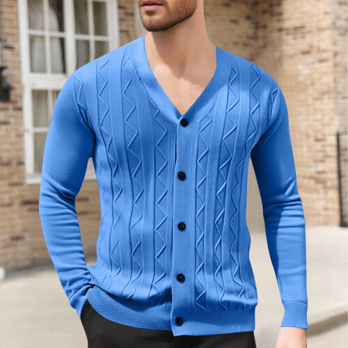 Ανδρικό Μονόχρωμο Πλεκτό Ζακέτα με V-Neck, Σχέδιο Ζακάρ, Μακρυμάνικο Πουλόβερ,