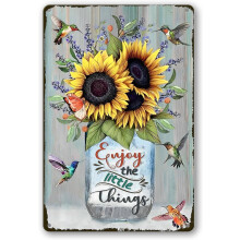 Plaque en métal vintage en aluminium représentant un colibri et un tournesol, 20 x 30 cm