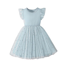 Girls Round Neck Flutter Sleeve Tulle Dress Star Print Bubble Hem Casual Summer Princess