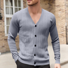 Ανδρικό Μονόχρωμο Πλεκτό Ζακέτα με V-Neck, Σχέδιο Ζακάρ, Μακρυμάνικο Πουλόβερ,