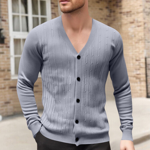 Ανδρικό Μονόχρωμο Πλεκτό Ζακέτα με V-Neck, Σχέδιο Ζακάρ, Μακρυμάνικο Πουλόβερ,