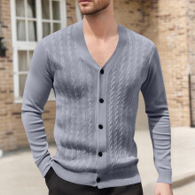 Ανδρικό Μονόχρωμο Πλεκτό Ζακέτα με V-Neck, Σχέδιο Ζακάρ, Μακρυμάνικο Πουλόβερ,