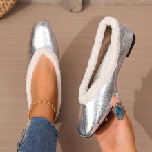 Women's Cozy Fleece Lined Winter Flat Shoes Square Toe Metallic Colors Fashion Casual Slip-On Warm Comfortable Shoes