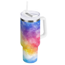 Gobelet isotherme de 887 ml (30 oz) avec anse et paille, en acier inoxydable, motif tie-dye arc-en-ciel, avec couvercle.