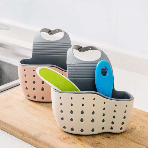 Kitchen Sink Caddy Sponge Holder with Adjustable Strap & Drain Holes – 2Pcs Beige 2