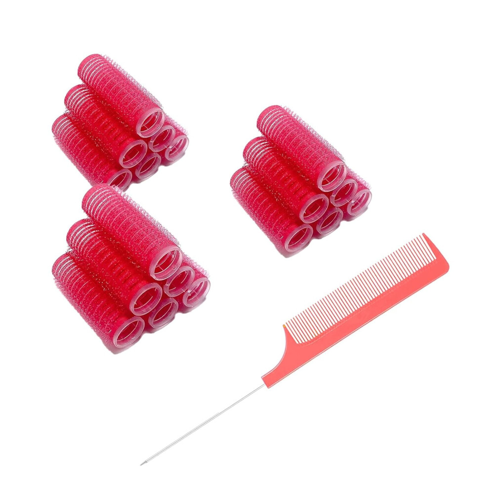 Red 18Pcs Heatless Hair Curlers + Rat Tail Comb For Women, Medium/Short Hair Â Compatible With Salon Diy Styles