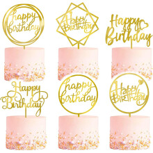 6-Pack Gold Cake Topper Set, Acrylic Happy Birthday Cupcake Toppers, Birthday Decorations for Children or Adults