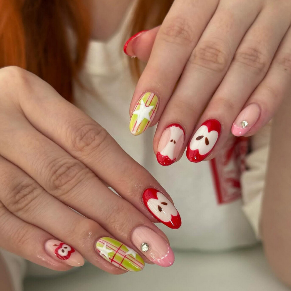 Dachuang Beauty 24Pcs Pink-Apple Rhinestone Nails