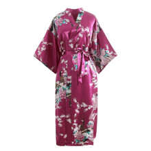 Women's Kimono Robe Long Satin Robes with Peacock and Blossoms Printed Kimono Nightgown Hot Pink