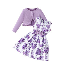 Girls Purple Floral 2-Piece Dress Set with Ruffled Cardigan