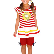 Girls' Floral and Ruffle 2-Piece Set: Red and White Striped Top & Bike Shorts for Kids Kids Summer Play Outfit,Size 7-8T
