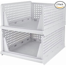Stackable Plastic Closet Storage Boxes, Foldable Drawer Organizers for Kitchen, Office, Bedroom & Bathrooms – Set of 2