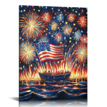 4th of July Patriotic Canvas Wall Art: Sailboat, Fireworks & Flag – 16x20in, for Living Room, Bedroom, Office – Compatible with standard frames