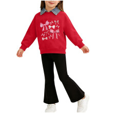 Red Girls 2 Piece Set Bow Print Sweatshirt & Flare Pants Matching Outfit Soft Polyester Kids Kids Clothes 2-8 Years,Size 5-6 T