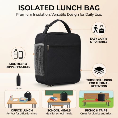 (Black) Sac à Déjeuner Isolé, Grande Capacité 1