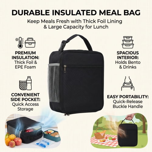 (Black) Sac à Déjeuner Isolé, Grande Capacité 2