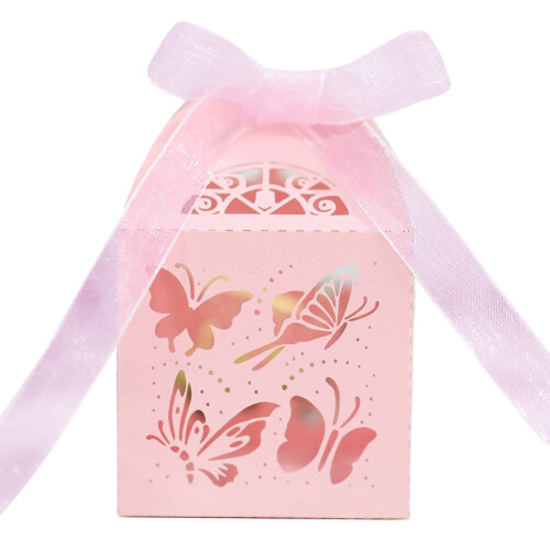 Pink Butterfly Hollow-Out Paper Candy Boxes 50 pcs
