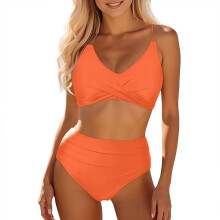 Damesbikini met hoge taille, tweedelig badpak met push-up effect, gedraaide voorkant en plooien.