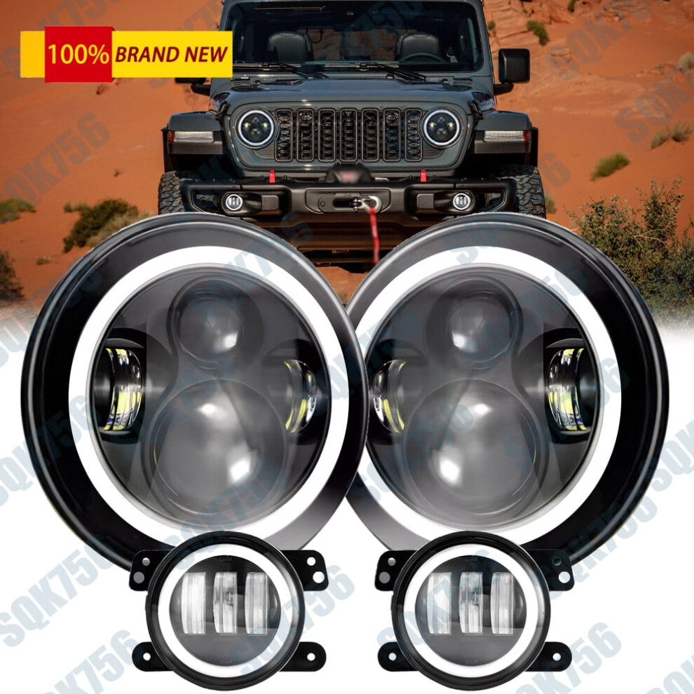For 2007-2018 Jeep Wrangler Jk Jku 7" Inch Halo Led Headlights Fog S Combo Light 974856426034