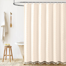 Rideau de douche bohème en tissu à pompons, texturé et déperlant, style moderne avec crochets, installation et entretien faciles
