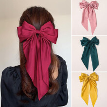 Women Hairpin Big Bow-knot Solid Color Elegant Double Layers Long Hair Decoration Ponytail Clip Satin Vintage Hair Clip Hair Accessories,Beige