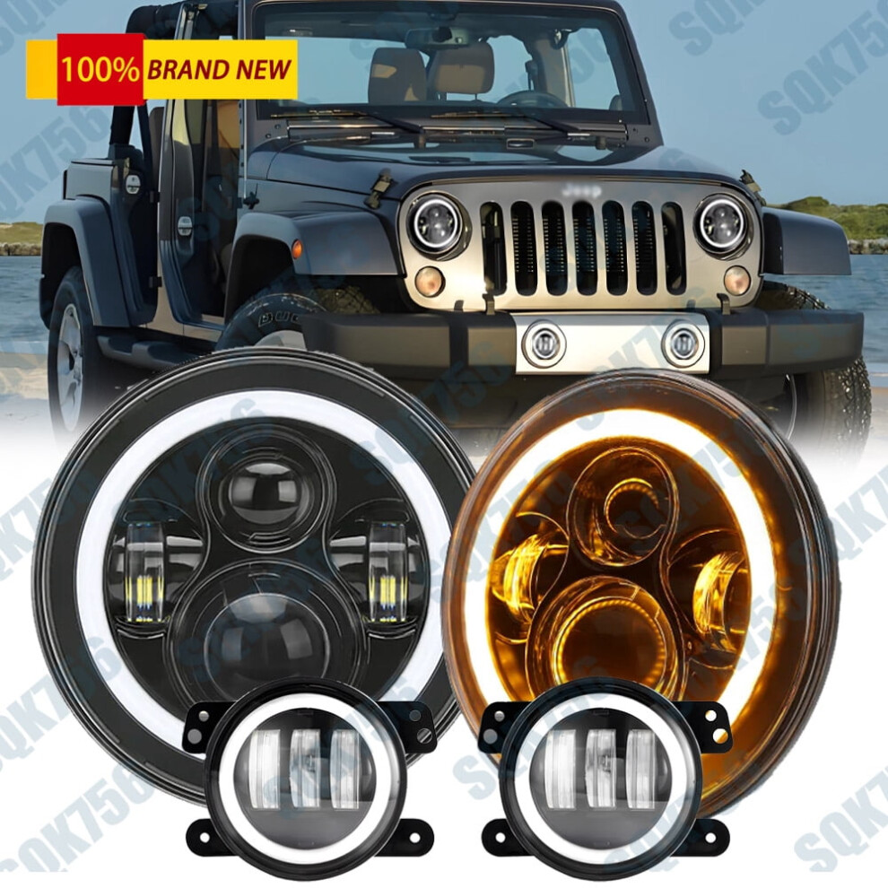 7" Round Led Headlights + 4" Fog S Combo Kit For Jeep Wrangler Jk 2007-17 Light 974856426980