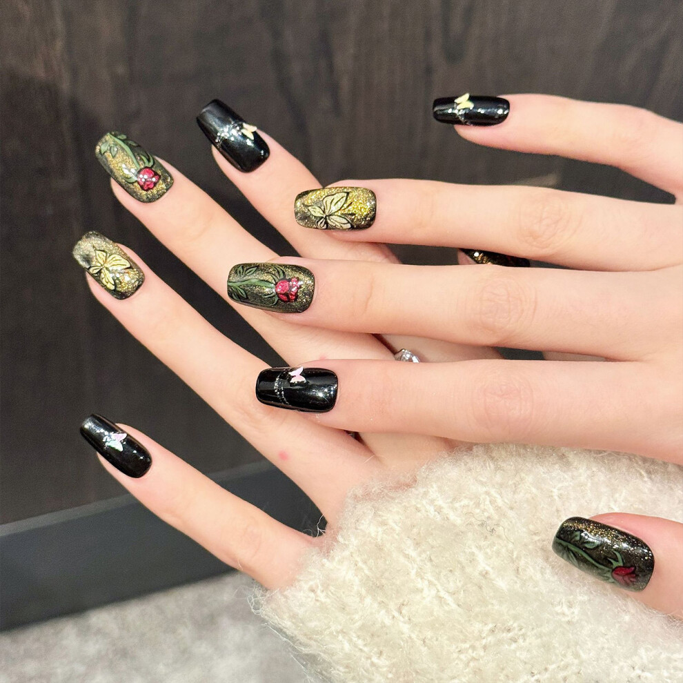 Zhouq-Outdoors (Xs) 10Pcs Glitter Butterfly Fake Nails - Black Gold