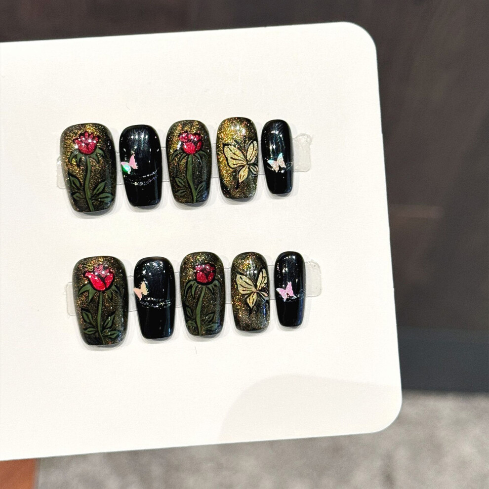 Dachuang Beauty (M) 10Pcs Glitter Butterfly Fake Nails - Black Gold