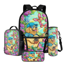 Golden Retriever Guitar Peony Butterfly Backpack Set for Kids – 4pc (Lunch Box, Pencil Case, Cup Sleeve) – Compatible with School Use