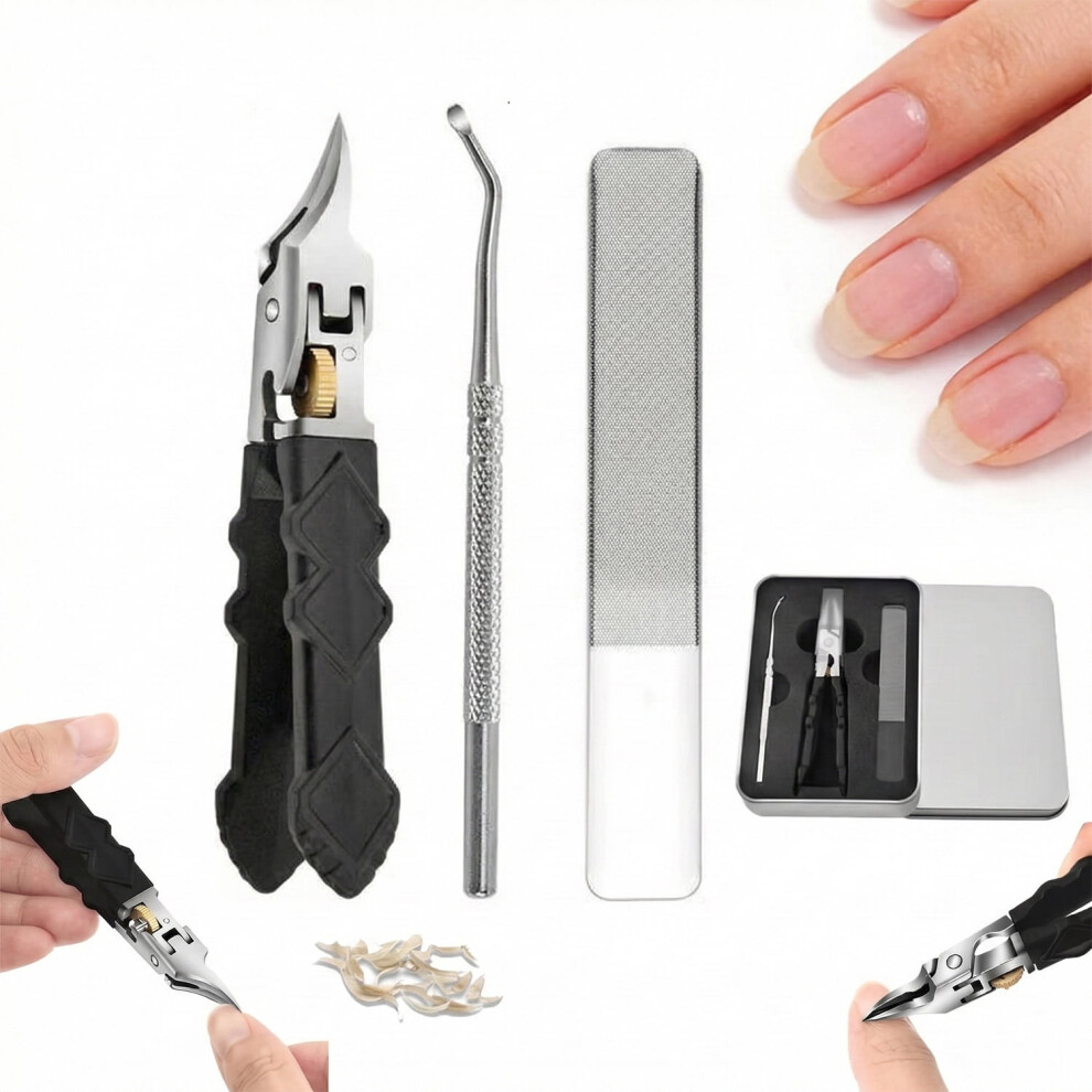 Black Anti-Slip Grip Gear Lock Nail Clipper Set | Compatible with Sharp Tips for Precise Nail Groove Access, Heavy Duty for Men & Thick Nails