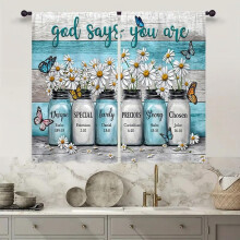 Inspirational Bible Daisy Kitchen Curtain 27.5x36 in, 2-Pc Rod Pocket, Blue Floral Rustic Tier, Vintage Butterfly Cafe Drapes – Compatible with