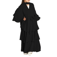 Chiffon Layered Dress Open Abaya Dubai Kaftan Muslim Cardigan Abayas Dresses for Girls Casual Dresses Robe Kimono Islam Clothin (Black,130)