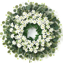 Couronne de 66 cm (26 po) de marguerites et d'eucalyptus pour porte d'entrée, porche, fenêtre – Couronne d'extérieur en soie artificielle,