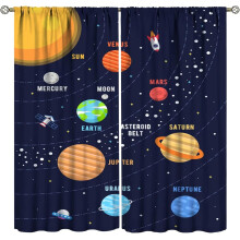 Zatemňovací závěsy Universe pro děti – potisk sluneční soustavy, planet a raket, kapsa na tyč, 2 panely (84x84 palců), kompatibilní se