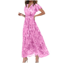 Små sommarklänningar för kvinnor Moderiktig sommar casual blommig v-ringad kortärmad långklänning (rosa, M)