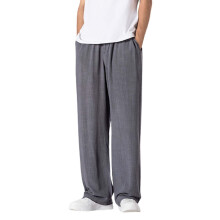 Katoen-linnen herenbroek met trekkoord, losse pasvorm, elastische taille, rechte pijpen, zomerse yoga-/strandjoggingbroek met zakken, grijs, maat 5XL