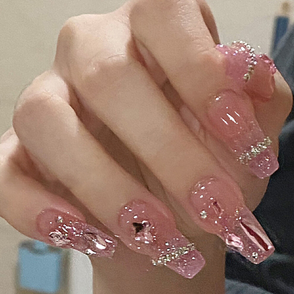 Roc-Electron Pink (Jelly Glue Model) Shiny Rhinestone False Nails For Girls