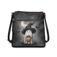 Halloween tekvica duch pavučina netopier potlač kožené crossbody kabelky pre ženy ľahká kabelka cez rameno s vreckom na zips do práce